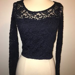 Navy Floral Lace Long Sleeve Crop Top